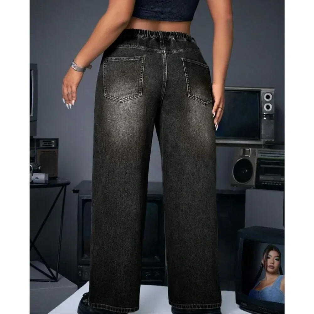 New SHEIN CURVE BLACK WIDE LEG JEANS 1x - Picture 2 of 9
